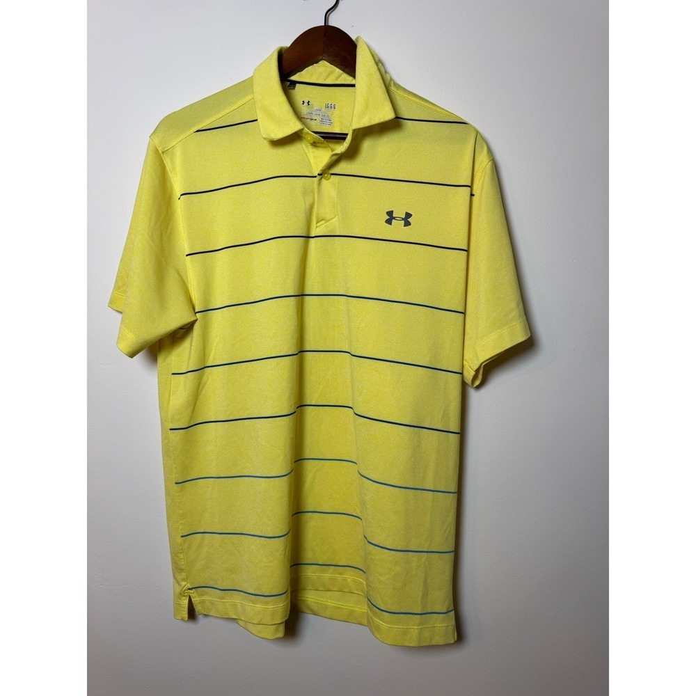 Under Armour Mens HeatGear Loose Fit Polo Shirt Yellow Striped Golf Large‎